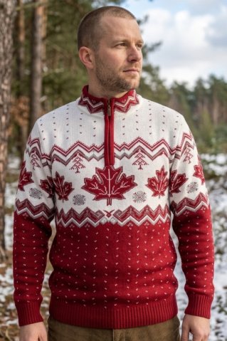 Men's sweater with maple leaf and Norwegian pattern in a red and white combination