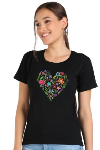 Women's short sleeve T-shirt with heart motif black
