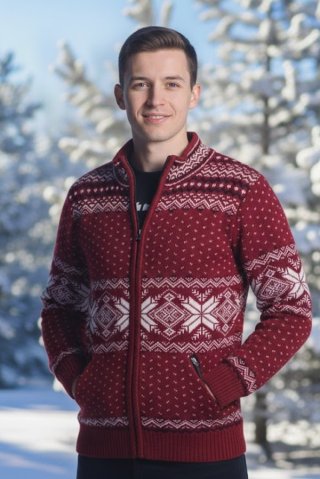 Ewident - Orio-AZ men’s burgundy wool sweater with Norwegian pattern and pockets