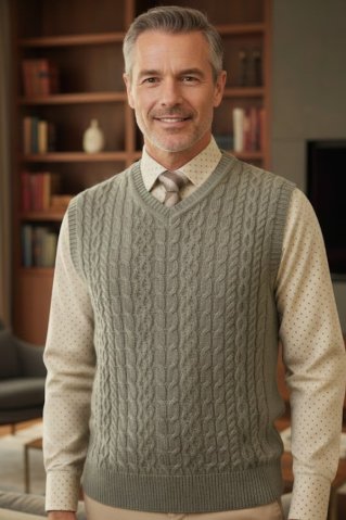 Elegantná béžová vesta Ewident s pletenými vrkočmi na mužovi v kombinácii s béžovou košeľou.