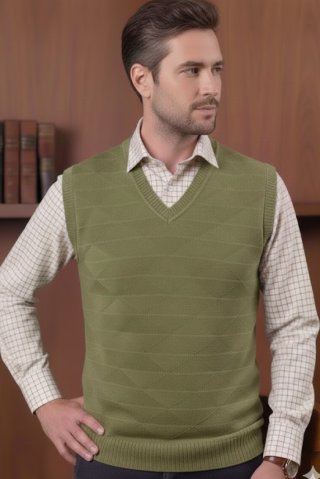 Muž v pánskej khaki polovníckej veste Lojzo BB s poľovníckou kockovanou košeľou na vrstvenie