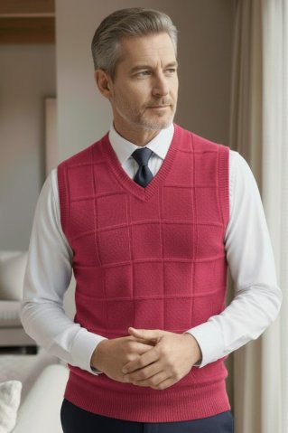 Kényelmes viselet: Ewident bordó négyzetmintás kötött mellény férfin, nappali környezetben