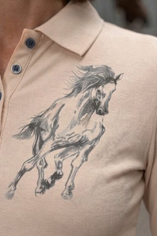 Detail potlače na béžovej jazdeckej polokošeli Ewident Horselo.