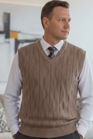Hnědá pánská pletená vesta Ewident na muži s bílou košilí