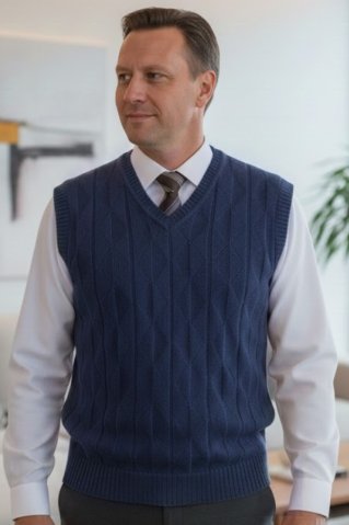 Kráľovská modrá pánska pletená vesta Ewident na mužovi s bielou košeľou