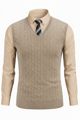Vestă tricotată pentru bărbați CrimBB bej cu model torsade peste cămașă