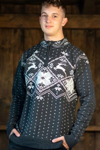 Férfi sötétszürke norvég mintás kötött pulóver – szarvas motívummal