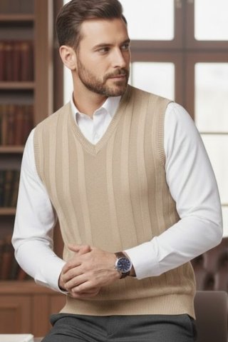 Muž v béžovej pletenej rebrovanej veste a bielej košeli, pózuje v moderne zariadenej obývačke