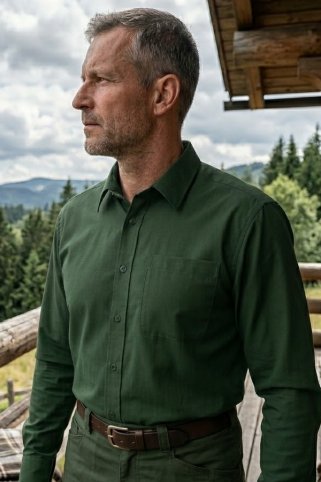 Poľovník v zelenej poľovníckej košeli Ewident 44454 s dlhým rukávom.
