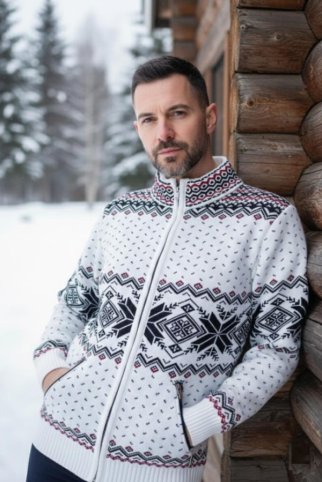 Pánský norský svetr EWIDENT se zipem | Bílý s tradičním vzorem