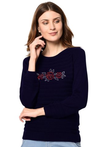 Ženski pulover s VEZOM mornarica RUŽA