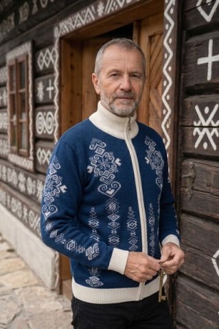 Pulover nordic bărbătesc cu fermoar lung Folk-AZ navy-natur