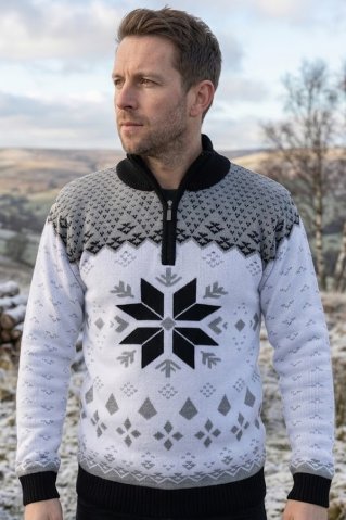 Męski biały sweter z norweskim wzorem Gracio-Z