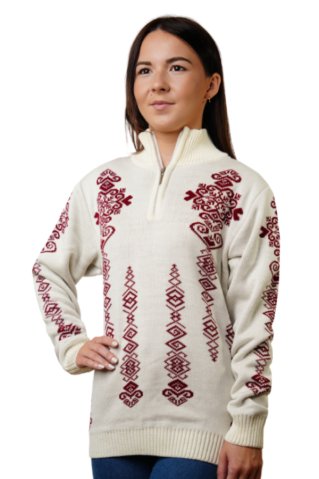 Sweter z norweskim wzorem Folka-Z naturalny-bordowy