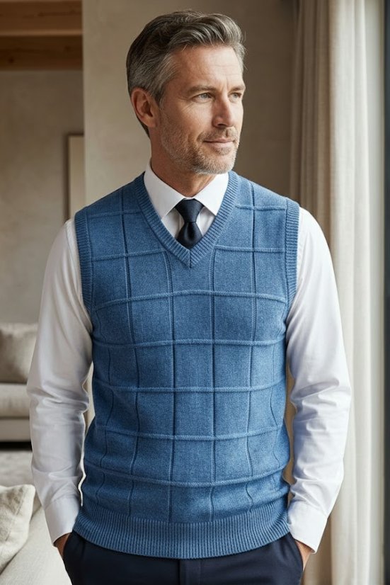 Muški pleteni prsluk s kariranim uzorkom, traper plava boja, na svijetlo plavoj košulji