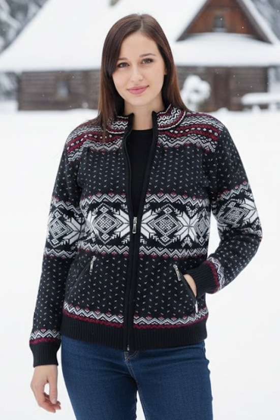 Oria-Z ženski črn volnen pulover z norveškim vzorcem