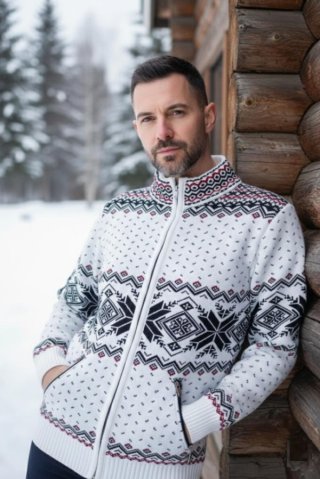 Pánsky nórsky sveter EWIDENT so zipsom | Biely s tradičným vzorom