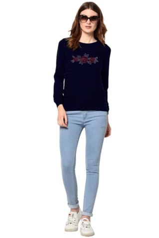 Damenpullover mit BESTICKUNG navy ROSE