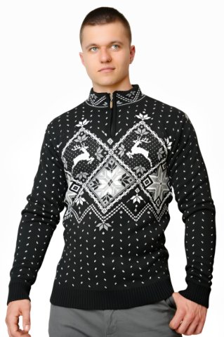 Férfi fekete norvég mintás kötött pulóver – szarvas motívummal