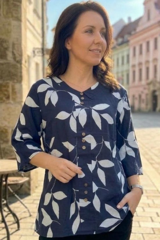 Ženska lahka poletna bluza mešanica bombaž - lan  navy