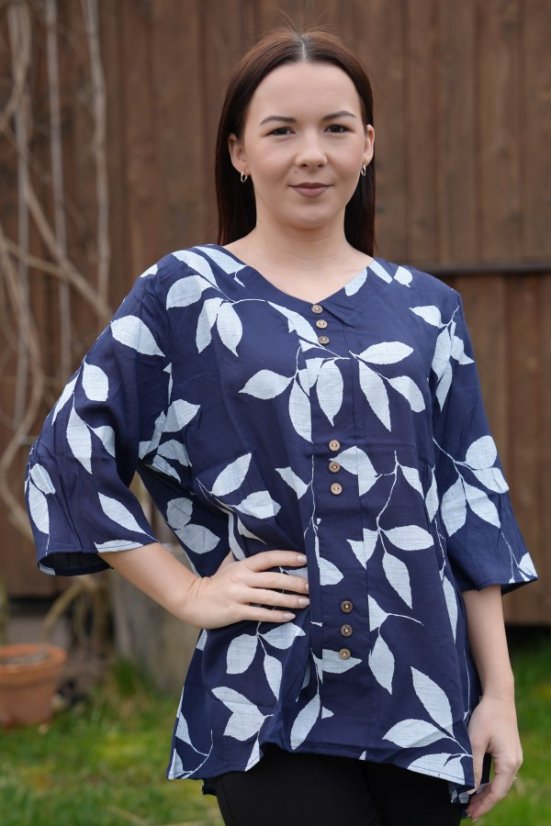 Ženska lahka poletna bluza mešanica bombaž - lan  navy