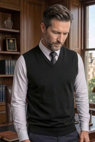 Elegant gekleideter Mann in schwarzer Ewident Strickweste – Business-Style mit weißem Hemd und Krawatte Elegant gekleideter Mann in schwarzer Ewident Strickweste – Business-Style mit weißem Hemd und Krawatte