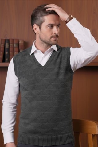 Tamnosiva muška pletena vesta Ewident s teksturiranim uzorkom, bijela košulja ispod veste, idealna za ured i slobodno vrijeme
