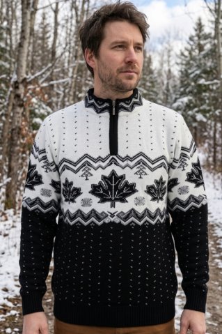 Men's knitted sweater with Norwegian maple leaf pattern, high zip collar, black and white