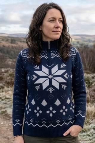 Granatowy zimowy, damski sweter z norweskim wzorem Ewident Gracia