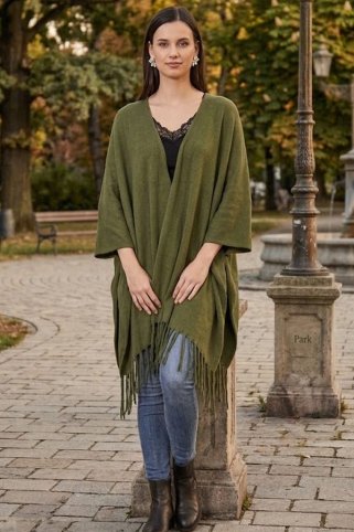 Ženski pleteni pončo s resicama oliva