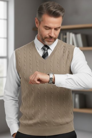 Bež muški pleteni prsluk CrimBB u elegantnom uredskom izdanju