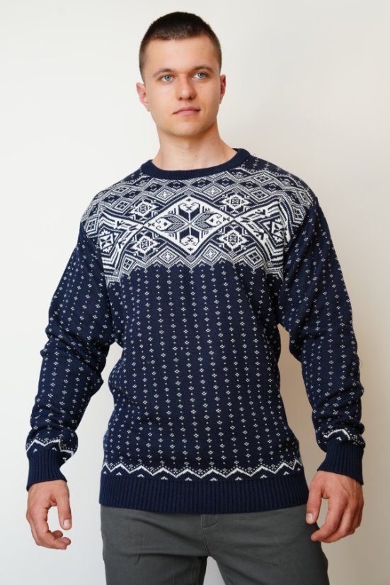 Kemal – muški plavi pleteni džemper s norveškim uzorkom i okruglim ovratnikom