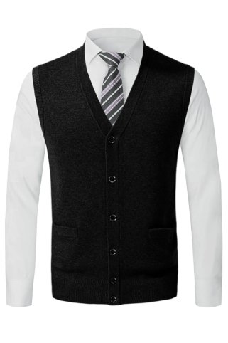 Muški pleteni prsluk Ewident – crni, na gumbe s džepovima