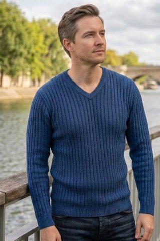 Muški pleteni pulover s rebrastim uzorkom – plavi