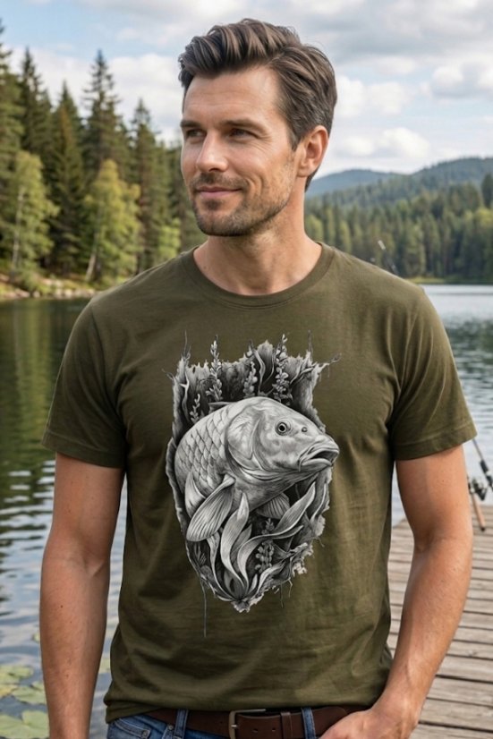 Muška ribolovna majica – Motiv Šaran, maslinasta boja