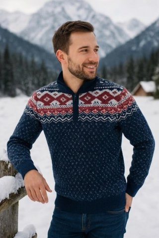 Ewident Džemper ROAN plava varijanta – Zimski stil u snježnoj prirodi: Muškarac u nordijskom vunenom džemperu s patentnim zatvaračem