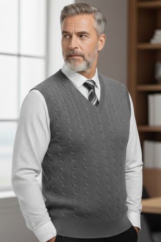 Dark grey knitted vest for men CrimBB, combined with a polka dot shirt and a tie