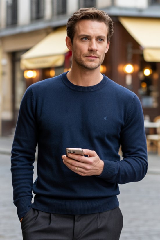 Jednobojni plavi pulover, 100% pamuk