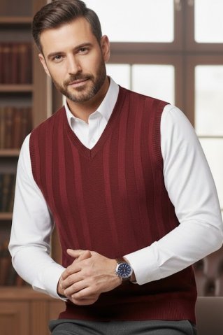 Elegantly dressed man in casual style, burgundy ribbed men’s knitted vest, white shirt, focus on the vest
