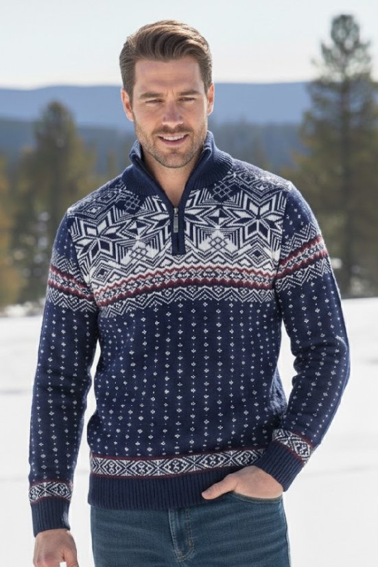 Muški vuneni norveški džemper Libor-Z plava | Topli zimski džemper sa zatvaračem
