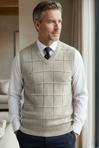 Pánska béžová pletená vesta Ewident (50 % bavlna) so štvorcovým plastickým vzorom na mužovi v interiéri obývačky