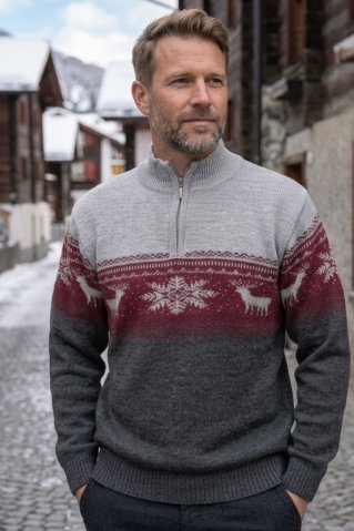 Męski szary norweski sweter NeroZ – motyw jelenia