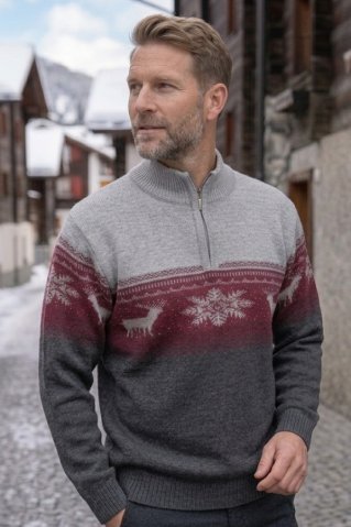 Męski szary norweski sweter NeroZ – motyw jelenia