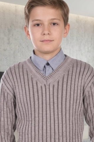 Detaljni prikaz modernog prugastog pulovera smeđe-prirodne boje s V-izrezom, upotpunjen klasičnom plavom košuljom.