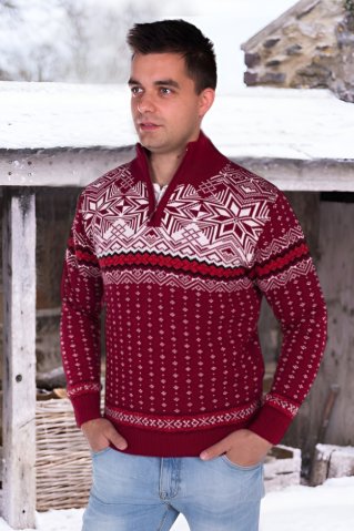 Vlnený pánsky nórsky sveter Libor-Z vínová