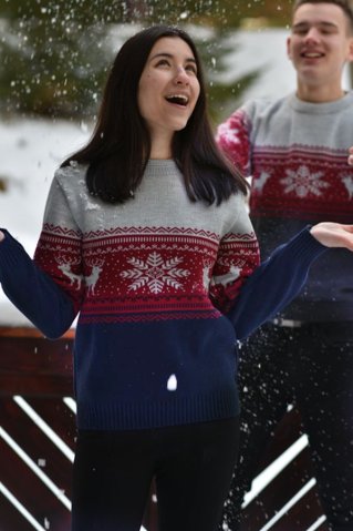 Women’s Norwegian Wool Sweater Nera – Deer Pattern, Blue