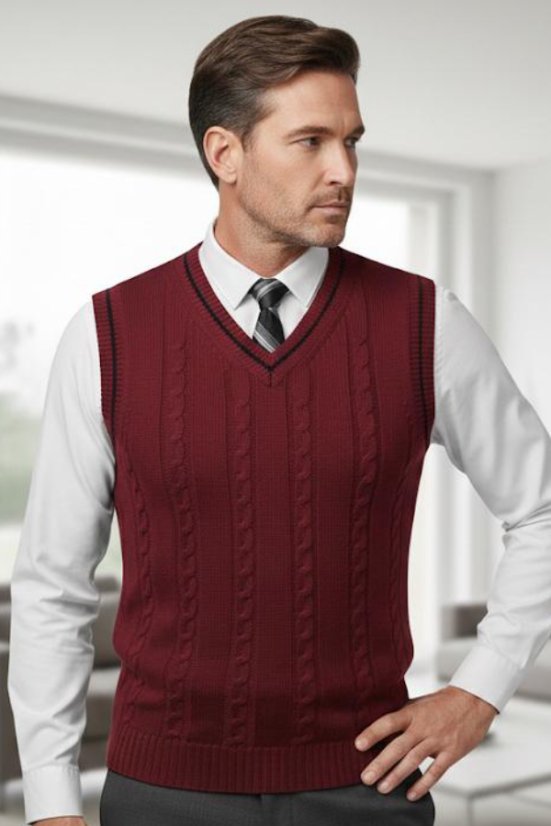 Elegantni muški bordo prsluk Ewident u uredskom izdanju s košuljom i V-izrezom