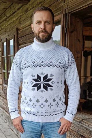 Helancă bărbătească tricotată cu model norvegian – culoare albă