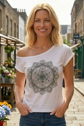 Ženska bombažna bela majica Mandala – stilski dizajn