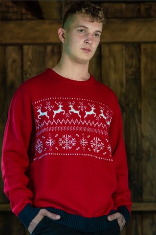 Férfi norvég mintás kötött pulóver piros – szarvas motívummal